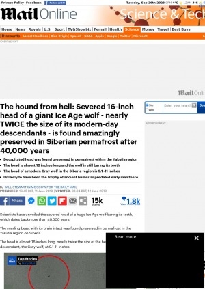 Обложка Электронного документа: The hound from hell: Severed 16-inch head of a giant Ice Age wolf - nearly TWICE the size of its modern-day descendants - is found amazingly preserved in Siberian permafrost after 40,000 years: [with comments of the russian scientist Dr Albert Protopopov]