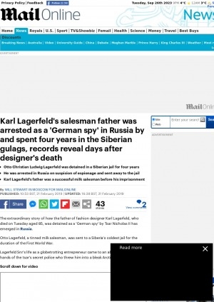 Обложка Электронного документа: Karl Lagerfeld's salesman father was arrested as a 'German spy' in Russia by and spent four years in the Siberian gulags, records reveal days after designer's death