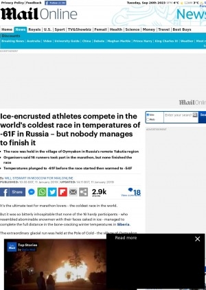 Обложка Электронного документа: Ice-encrusted athletes compete in the world's coldest race in temperatures of -61F in Russia – but nobody manages to finish it: [with comments of the Russian champion runner Yegor Abramov, runner Sargylana Neustroyeva]