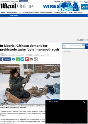 Обложка Электронного документа: In Siberia, Chinese demand for prehistoric tusks fuels 'mammoth rush': [with comments of the palaeontologist at the Yakutia Academy of Sciences Valery Plotnikov]