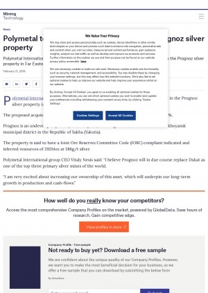 Обложка Электронного документа: Polymetal to gain additional 45% in Russia’s Prognoz silver property: [with comments of the Polymetal International group CEO Vitaly Nesis]