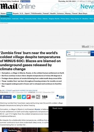 Обложка Электронного документа: ‘Zombie fires’ burn near the world’s coldest village despite temperatures of MINUS 60C: Blazes are blamed on underground gases released by climate change