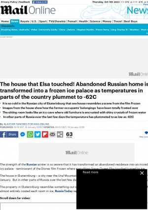 Обложка Электронного документа: The house that Elsa touched! Abandoned Russian home is transformed into a frozen ice palace as temperatures in parts of the country plummet to -62C