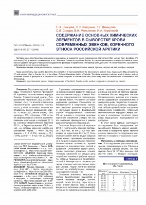 Обложка Электронного документа: Содержание основных химических элементов в сыворотке крови современных эвенков, коренного этноса Российской Арктики <br>The content of the main chemical elements in the blood serum of present-day evenks, the indigenous ethnic group of the Russian Arctic