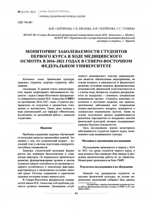 Обложка Электронного документа: Мониторинг заболеваемости студентов первого курса в ходе медицинского осмотра в 2016-2021 годах в Северо-Восточном федеральном университете <br>Monitoring the incidence of first-year students during the medical examination from 2016-2021 at North-Eastern federal university