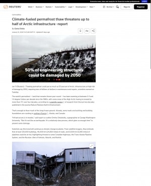 Обложка Электронного документа: Climate-fueled permafrost thaw threatens up to half of Arctic infrastructure - report