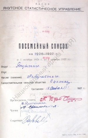Обложка Электронного документа: Посемейный список по Петровскому селению Синского сельского общества Якутского округа. 1 октября 1926 г. - 1 октября 1927 г.