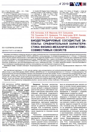 Обложка Электронного документа: Биодеградируемые сосудистые заплаты: сравнительная характеристика физико-механических и гемосовместимых свойств