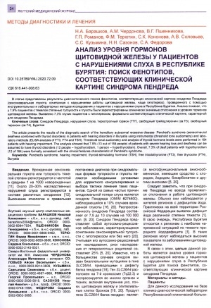 Обложка Электронного документа: Анализ уровня гормонов щитовидной железы у пациентов с нарушениями слуха в Республике Бурятия: поиск фенотипов, соответствующих клинической картине синдрома Пендреда