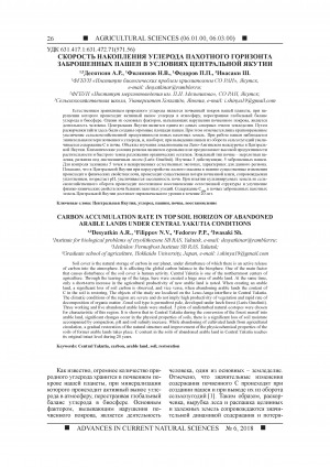 Обложка Электронного документа: Скорость накопления углерода пахотного горизонта заброшенных пашен в условиях Центральной Якутии <br>Carbon accumulation rate in top soil horizon of abandoned arable lands under Central Yakutia conditions