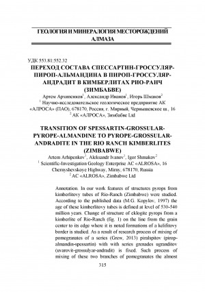 Обложка Электронного документа: Переход состава спессартин-гроссуляр-пироп-альмандина в пироп-гроссуляр-андрадит в кимберлитах Рио-Ранч (Зимбабве) <br>Transition of spessartin-grossularpyrope-almandine to pyrope-grossularandradite in the Rio-Ranch kimberlitts (Zimbabwe)