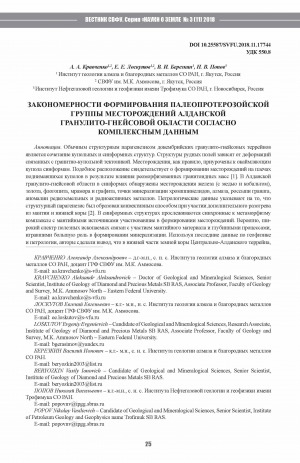 Обложка Электронного документа: Закономерности формирования палеопротерозойской группы месторождений Алданской гранулито-гнейсовой области согласно комплексным данным <br>Regularities of formation of the paleoproterose group of deposits of the Aldan granulite-gneys region according to complex data