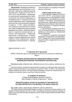 Обложка Электронного документа: Изучение эпизоотологии сибирской язвы в группе Вилюйских районов Республики Саха (Якутия) <br>Epizootological study of anthrax in the group of Vilyuisk districts in the Republic of Sakha (Yakutia)