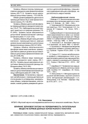 Обложка Электронного документа: Влияние зерновой патоки на переваримость питательных веществ кормов дойных коров разного генотипа <br>Effect of grain molasses on digestibility of nutrients in feeds for dairy cows of different genotypes