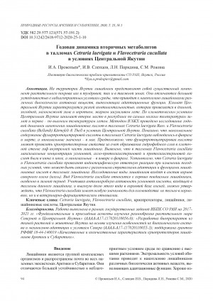 Обложка Электронного документа: Годовая динамика вторичных метаболитов в талломах Cetraria laevigata и Flavocetraria cucullata в условиях Центральной Якутии <br>Annual dynamics of secondary metabolites in thalloms of Cetraria laevigata and Flavocetraria cucullata in Central Yakutia