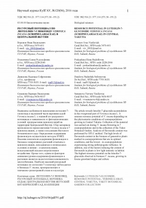 Обложка Электронного документа: Ресурсный потенциал по Лютеолин-7-глюкозиду Veronica incana (Scrophulariaceae) в Центральной Якутии <br>Resource potential in Luteolin-7-glycoside Veronica incana (Scrophulariaceae) in Central Yakutia
