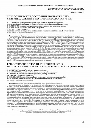 Обложка Электронного документа: Эпизоотическое состояние по бруцеллезу северных оленей в Республике Саха (Якутия) <br>Epizootic condition of the brucellosis of northern reindeer in the Republic Sakha (Yakutia)