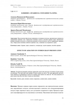 Обложка Электронного документа: Влияние аэрации на сохранность зерна <br>Effects of aeration on stored grain preservation