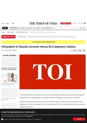 Обложка Электронного документа: Oimyakon in Russia records minus 61.2 degrees Celsius