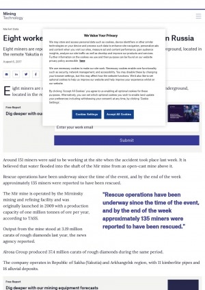Обложка Электронного документа: Eight workers still missing at Alrosa’s Mir mine in Russia